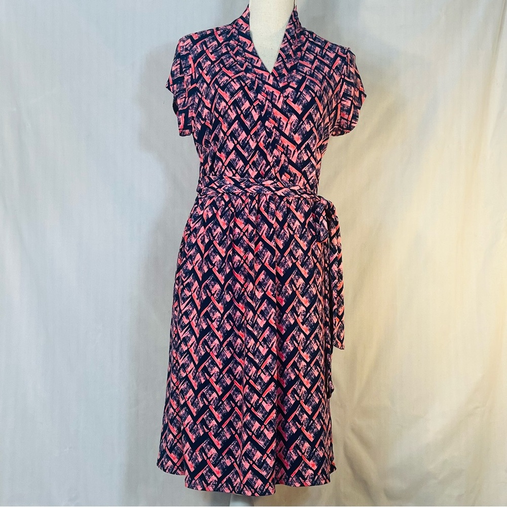 Liz Claiborne Dress Blue & Pink Geometric Jersey Faux Wrap  Cap Sleeves EUC L👍